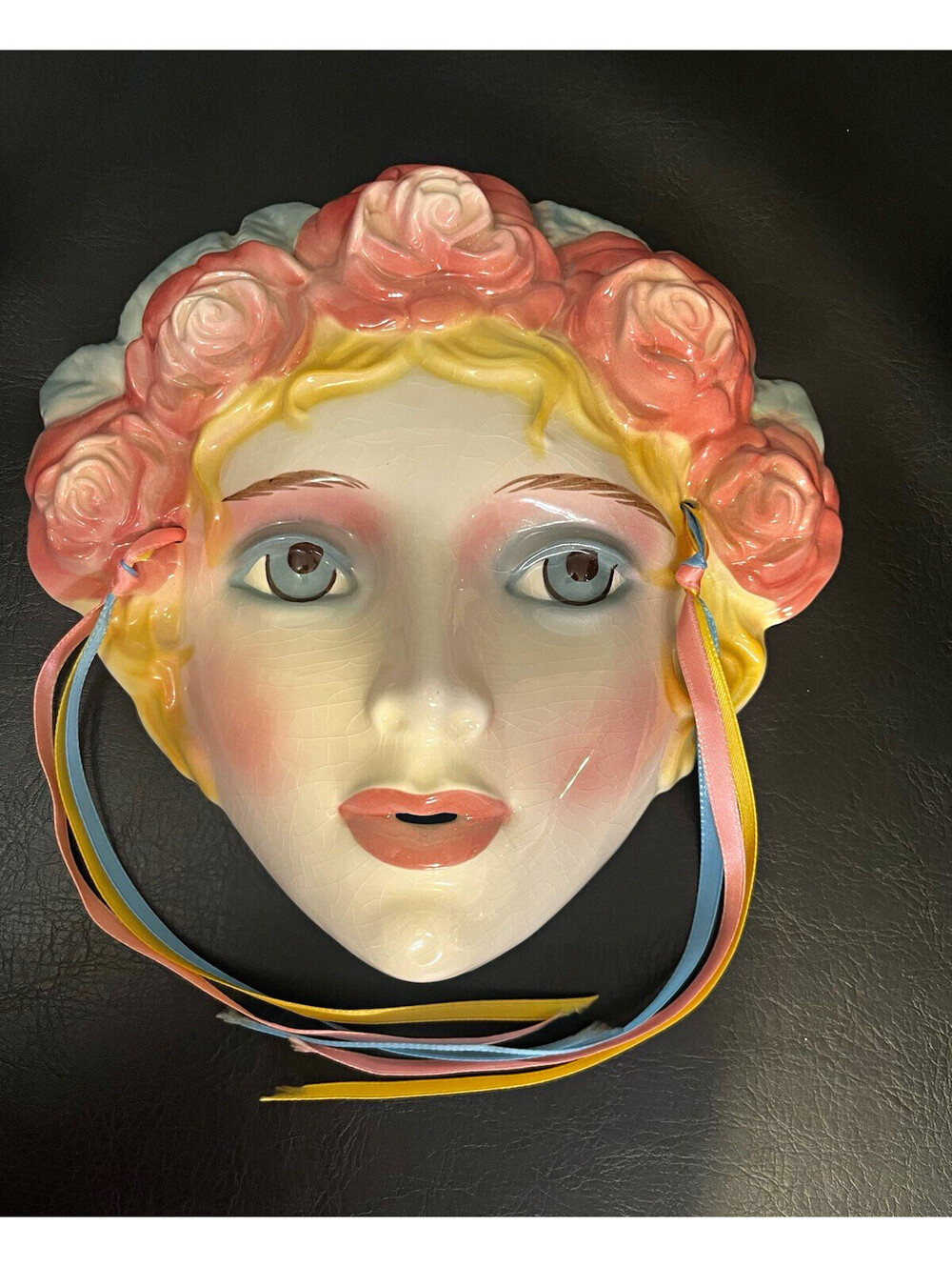 Vintage Clay Art Ceramic Wall Mask Lady Face Pink Rose Crown Multicolor Ribbons